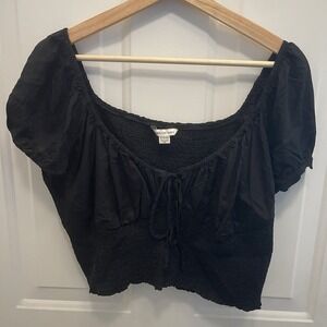 American Eagle Crop Top Womens XL Smocked Black Whimsigoth Cottage Boho Milkmaid
